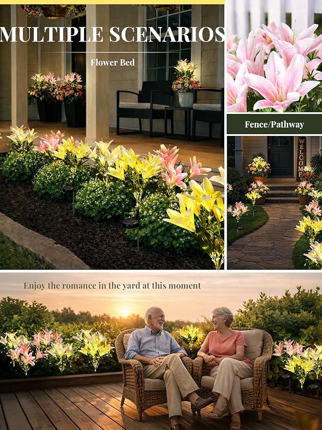 GIGALUMI Solar Garden Lights, 8 Pack LED Lily Garden Decor Carefree Solar Flowers Outdoor Waterproof, Yard Decorations Outdoor, Allergy-Free Light up Flowers for Yard Patio (4Pink, 2White, 2Yellow)