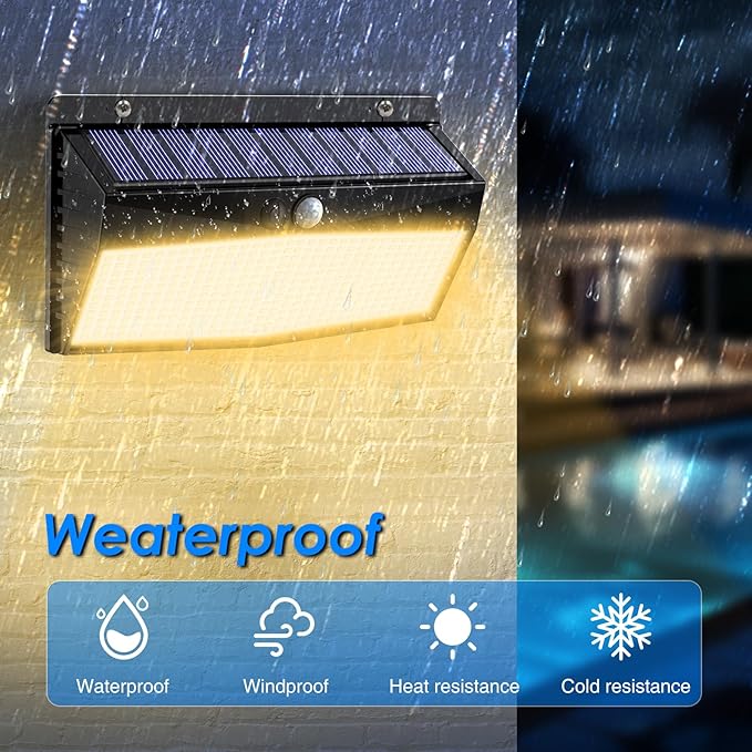Peasur 4 Pack 368 LED Solar Motion Sensor Lights Outdoor, Solar Fence Lights with 3 Lighting Modes, Solar Powered Security Lights Waterproof for Outside Yard Wall Garden Backyard Step, Warm White