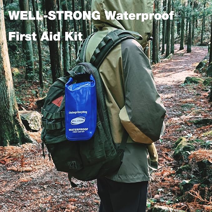 Boat First Aid Kit Waterproof, WELL-STRONG Marine Emergency Kit with Roll Top Dry Bag for Boating Fishing Kayaking – Water-Resistant Contents for Camping & Beach（Blue）