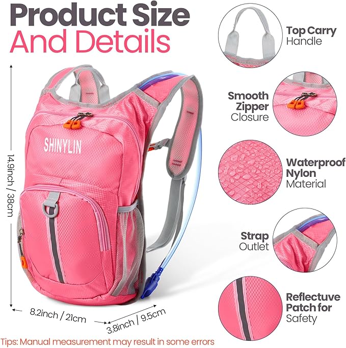 Shinylin 2 Pcs Kids Hydration Backpack with 1.5L Water Bladder Lightweight Kids Hiking Backpack Water Rucksack for Boys Girls Climbing Running