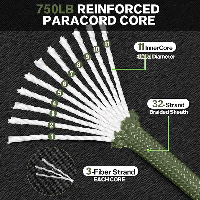 750lb Paracord Rope - 4mm 11 Strand Parachute para Cord Spool Rope Utility Nylon Survival String for Outdoor Camping Tent Crafting Bracelets DIY Projects - ArmyGreen 100ft