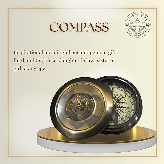 Marine Pocket Compass 1920 Vintage Brass Navigation Compass with Engraved Lid Antique Nautical Instrument