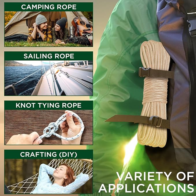 TECEUM Rope – 90 Feet x 1/4 Inch (7mm) – Beige – Strong All-Purpose Utility Rope – Camping, Crafting, Flag Pole, Indoor & Outdoor – Polypropylene Nylon Poly Lightweight Diamond Braided Cord