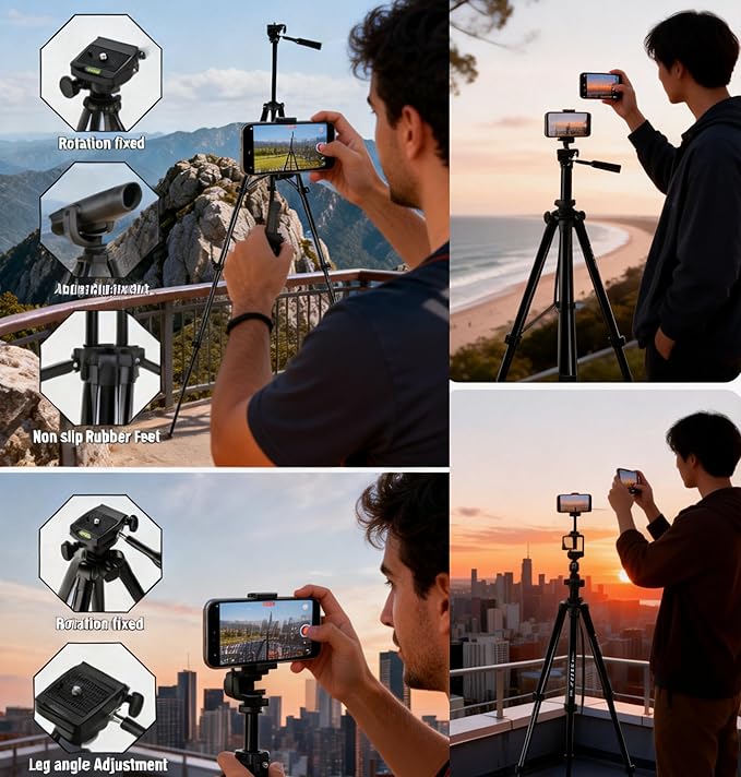 65" Aluminum Phone & Camera Tripod with Gooseneck Stand, Extendable Cell Phone Tripod Stand Compatible with iPhone/Android/Action Camera is Perfect for Live Streaming/Video Recording/Selfies