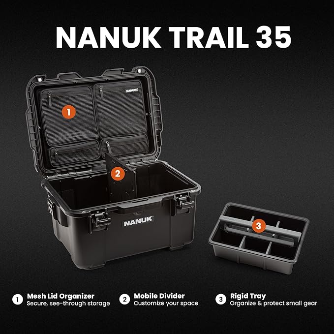 NANUK Trail 35 – 38.8 L (10.2-Gallon) Waterproof Gear Case – Modular Cargo Case for Camping, Fishing, Hunting & Outdoor Storage - Dustproof and Impact Resistant (22.0” x 15.9” x 11.6”) – Black