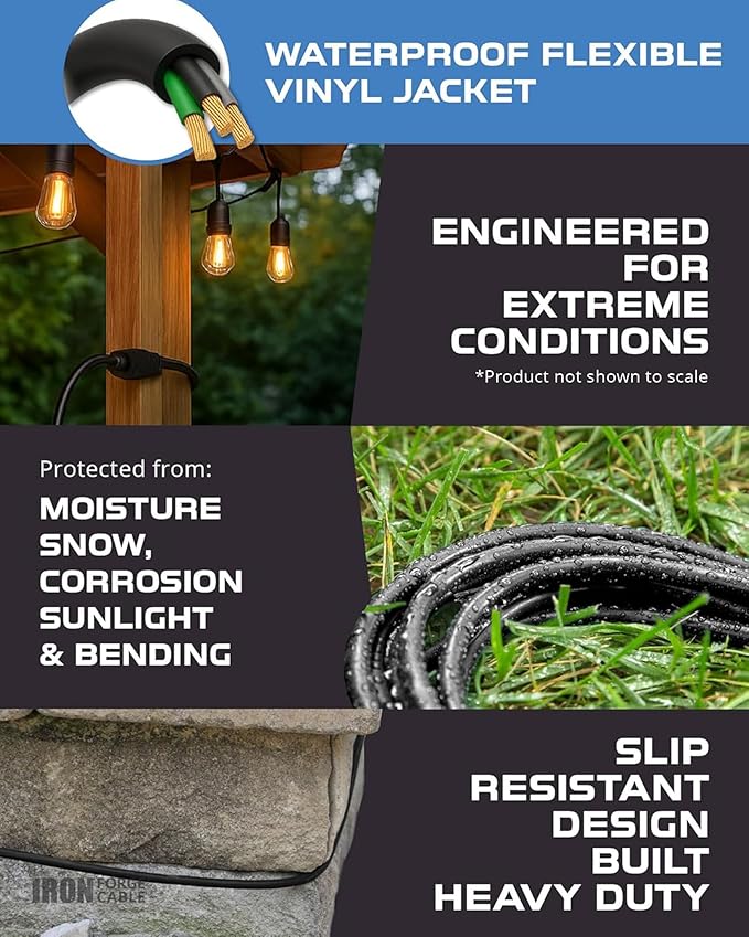 Iron Forge Cable 6 Ft Black Extension Cord, 16/3, 6 Foot Extension Cord, 3 Prong, Weatherproof - Great for Outside Use