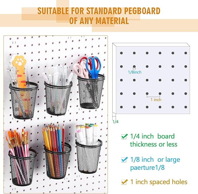 Spakon 6 Sets Pegboard Cups with Ring Hook, Peg Board Baskets Bin Holder Organizer Accessories Pegboard Pencil Cup Multipurpose Metal Pen Holder for Office Garage(Black,2.56x4.13x3.54'',Regular)