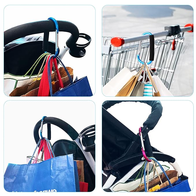 4 Pack Large Carabiner 5.5" D Style Click and Carry Bag Carrier Stroller Hooks(Light Blue and Rose red)
