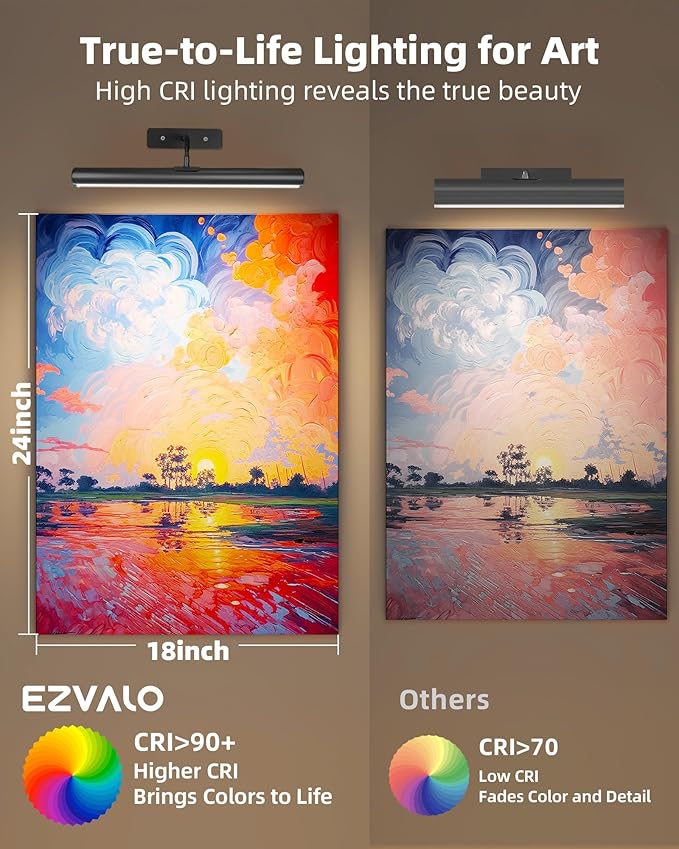 EZVALO Picture Lights for Wall, 16in Rechargeable 6000mAh Battery Operated Painting Lights with Remote, Wireless Wall Light for Gallery, Living Room, Hallway (Black)