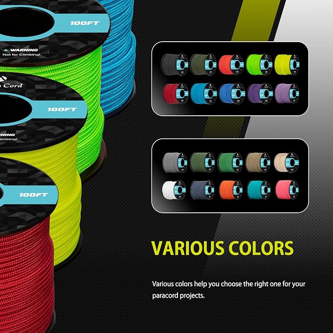 Abma Cord 2.4mm Paracord 275 100ft Nylon Rope 4 Strands Tactical Parachute Cord - Max. 275lbs - Neon Yellow