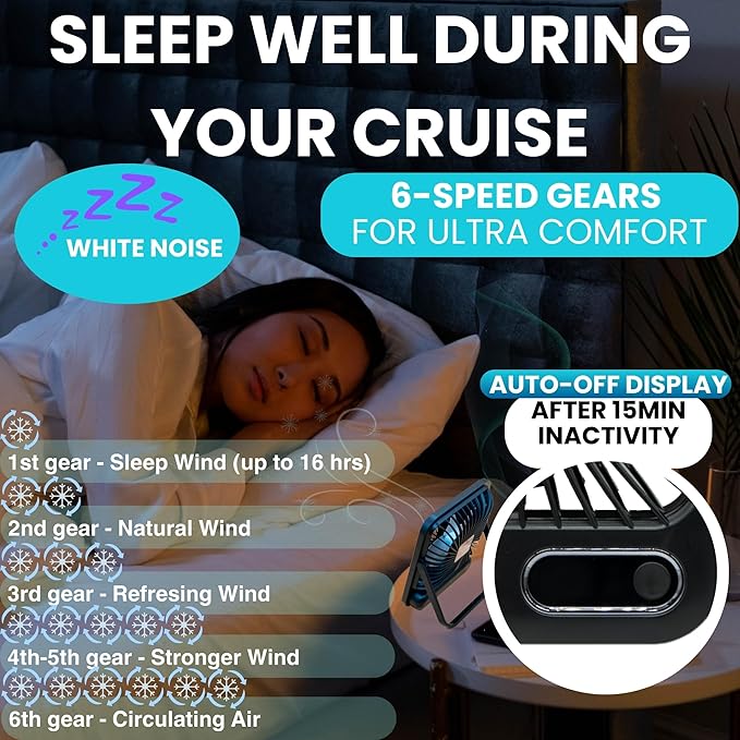 Cruise Fan Cabin Approved - Magnetic Hook Included To Hang On Walls - Portable USB Rechargeable & Plug-In, Timer Function & 5-Speed Adjustable, White Noise, Long Battery Life, Perfect for 2026 Cruises