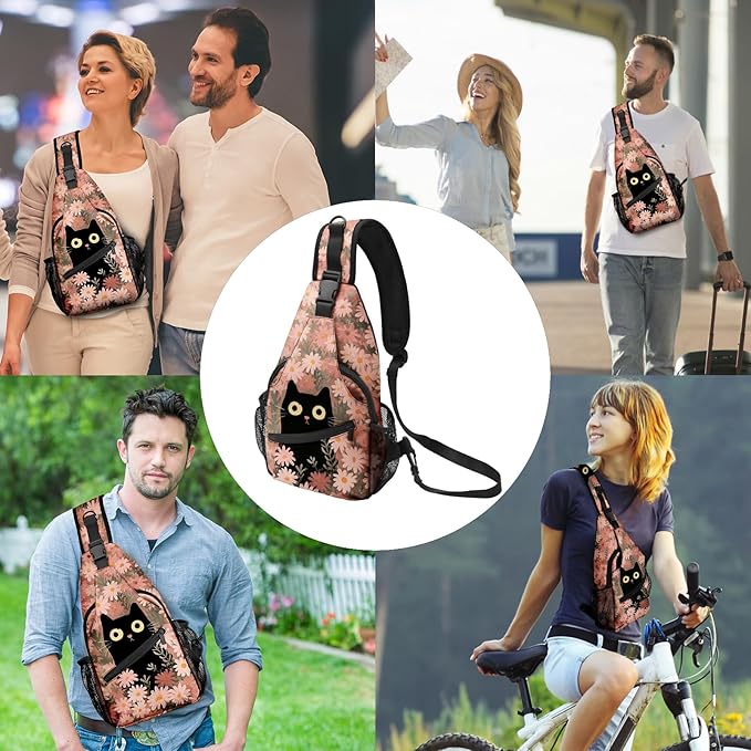 FyLybois Cat Sling Bag for Women Lightweight Crossbody Backpack Casual Daypack with Adjustable Strap for Travel Work Hiking Everyday Use (Black)