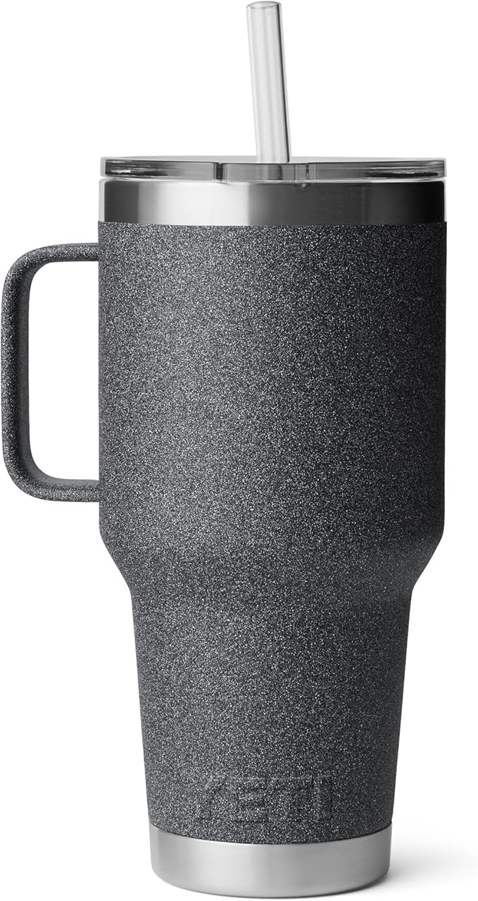 YETI Rambler 35 oz Tumbler with Handle and Straw Lid, Travel Mug Water Tumbler, Vacuum Insulated Cup with Handle, Stainless Steel, Black Stone