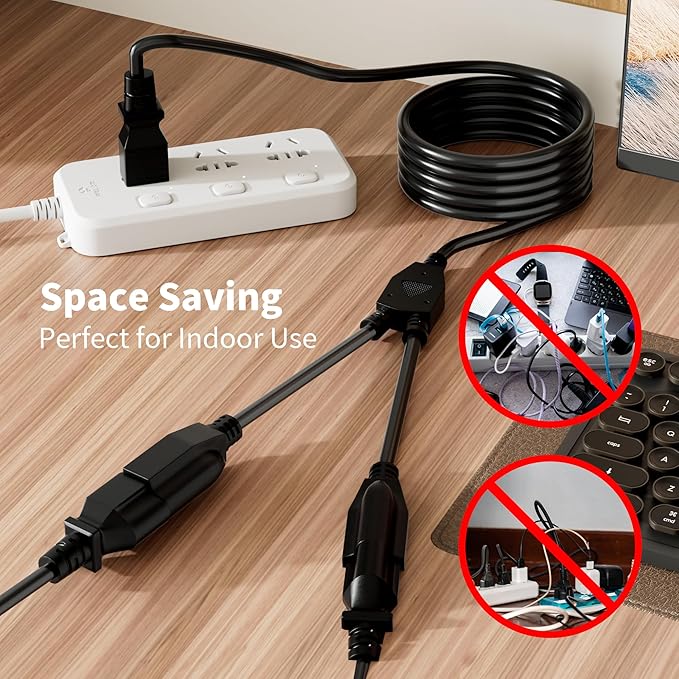 2 Way Power Cord Splitter Cable 6 Ft-3 Prong 1 to 2 Extension Cord-Outlet Saver-Elecan Male to Female Y Splitter Power Extension Cable Strip–UL Certified SJTW 16 Gauge 13 A/125 V–Black