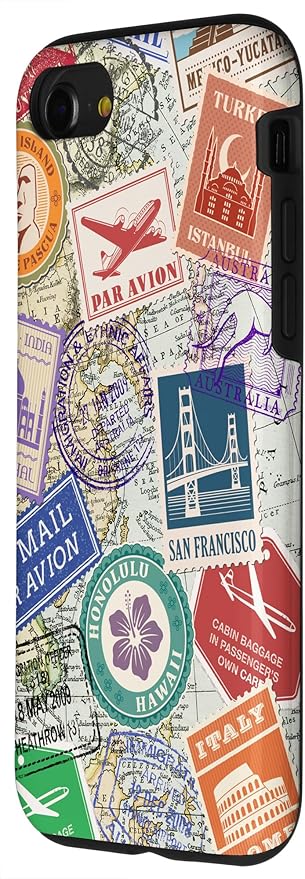 World Map Travel Passport Stamps Postage Stamp Case for iPhone SE (2020) / 7/8