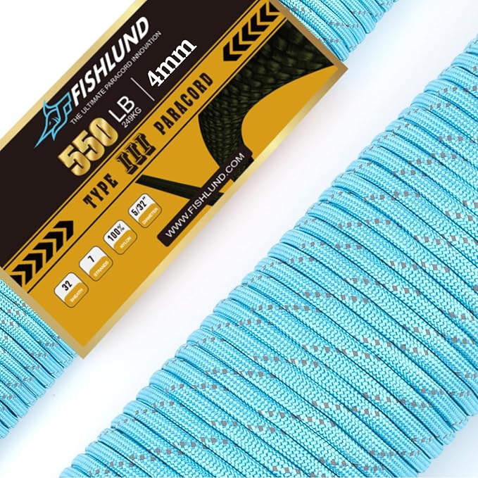 Reflective Paracord 550 lb, 7 Strand Paracord Rope 50ft 4mm, Nylon Parachute Cord for Camping, Lake Blue