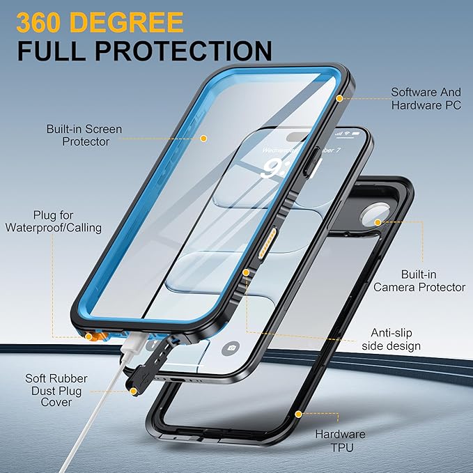 ANTSHARE for iPhone Air Case, IP68 Waterproof Shockproof Case, [Built-in Screen Protector] - 12 FT Military Dropproof - Full Body Heavy Duty Rugged Phone Cover 6.5 inches - Blue/Clear