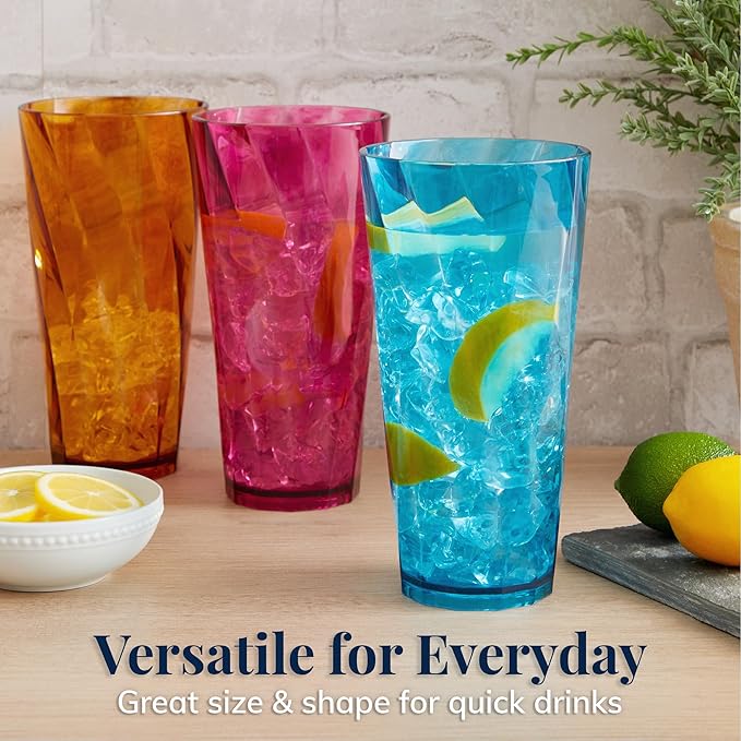 US Acrylic Optix Plastic Reusable Drinking Glasses (Set of 8) 26oz Iced-Tea Cups in Jewel Tone Colors | BPA-Free Tumblers, Made in USA | Top-Rack Dishwasher Safe