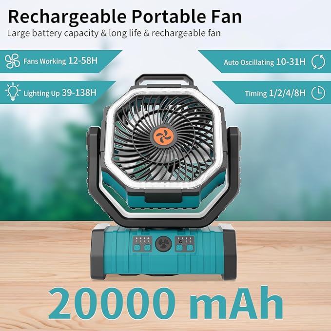 20000mAh Outdoor Camping Fan Battery Operated,Portable Rechargeable Battery Powered Fan with LED Light,360°Oscillating & 8H Timer USB Rechargeable Personal Cordless Travel Fans with Hook F6 Cyan