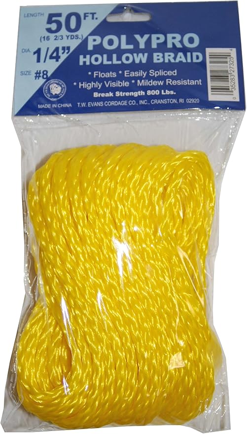 T.W Evans Cordage 1/4-Inch by 50-Feet Hollow Braid Polypro Rope, Yellow