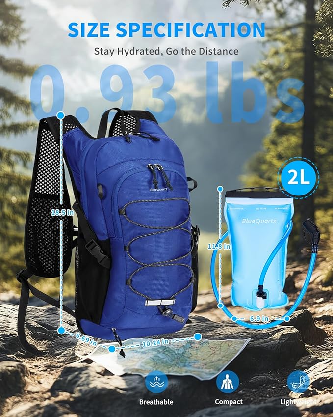 Blue Quartz Hydration Backpack with 2L Water Bladder, 18L Hiking Backpack for Women Men, Lightweight Water Pack with Phone Pocket for Quick Access, Hydration Pack for Cycling, Running, Biking