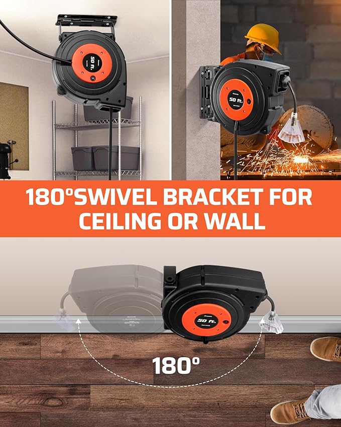 DEWENWILS Retractable Extension Cord Reel, 50 FT Heavy Duty Power Cord, 14AWG/3C SJTOW, 3 Grounded Outlets Lighted Triple Tap, 13 Amp Circuit Breaker, UL Listed