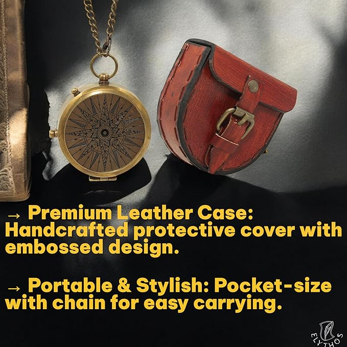 Handmade Brass Antique Compass with Leather Case – Vintage Finish Functional Pocket Navigation Tool for Travel, Hiking & Gift