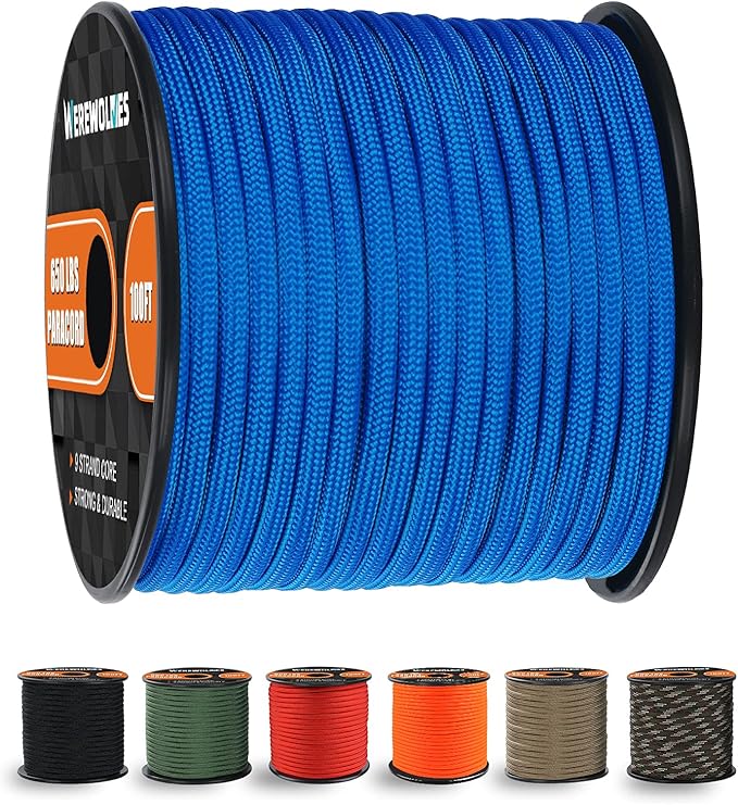 WEREWOLVES 650lb Paracord/Parachute Cord - 9 Strand Paracord Rope - 100', 200' Spools of Parachute Cord, Type III Paracord for Camping, Survival