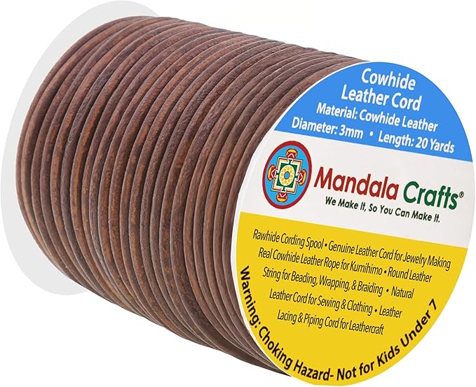 Mandala Crafts Round Genuine Distressed Brown Leather Cord for Jewelry Making – 3mm Cowhide Leather Rope String Lace for Kumihimo – 20 Yards Cowhide Craft Cording Spool