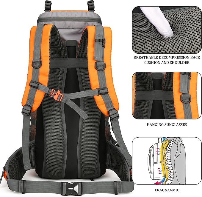 75L Hiking Backpack with Rain Cover Waterproof Camping Backpack Shoes Warehouse for Men Women, Frameless