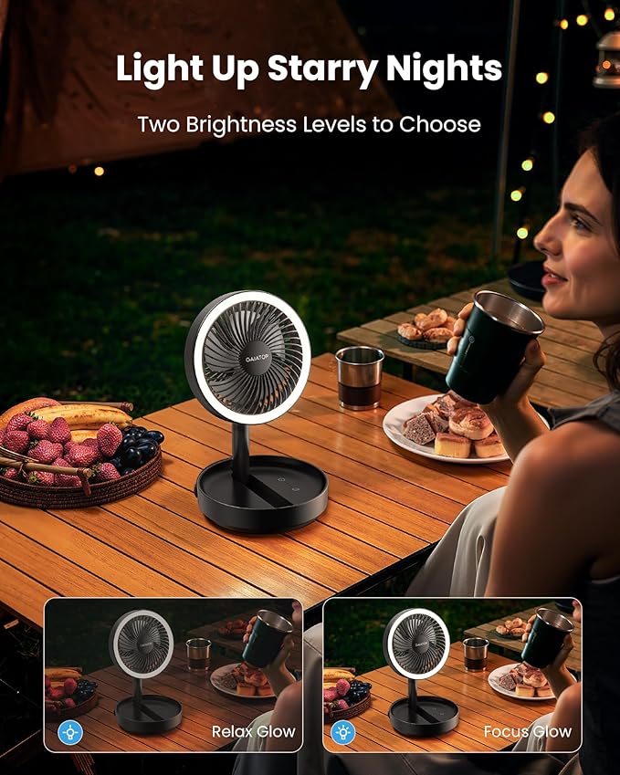 Gaiatop Foldable Small Desk Fan with LED Night Light, Wireless 6000mAh Battery Powered Portable Fan USB Rechargeable, Bedroom Office Dorm Travel Camping Cruise Essentials, Gifts for Women Men, Black
