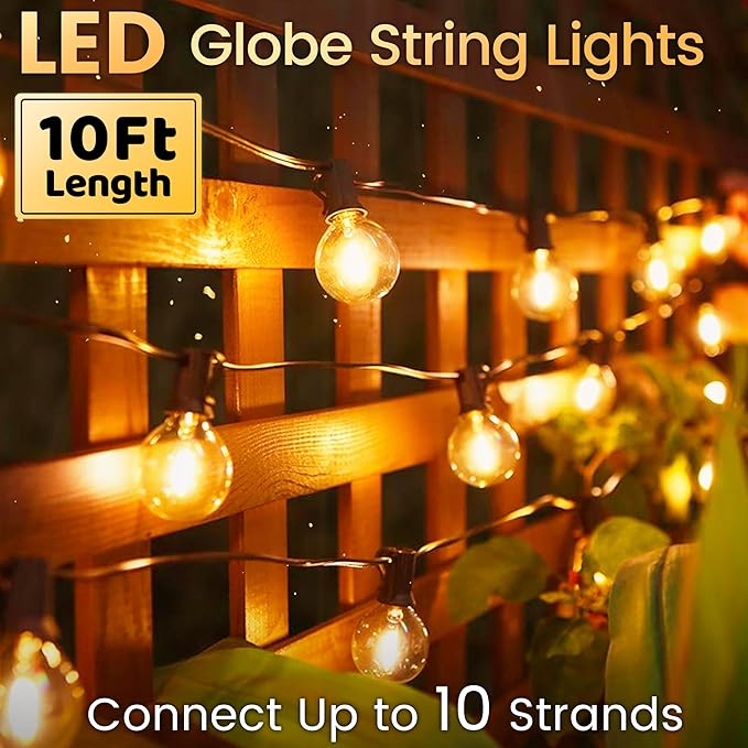 10FT Outdoor String Lights - LED Patio Lights Waterproof G40 Plastic Globe Bulbs, Connectable Shatterproof Hanging Outdoor Lights for Indoor Backyard Yard Gazebo Porch Party Decor
