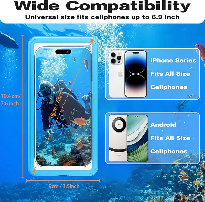 Waterproof Phone Case, Underwater Phone Cases for Snorkeling, IPX8 Diving Case, 360 Full Body Protection for iPhone 16 Pro Max/15/14/Galaxy S24, Up to 6.9 Inch, Beach Cruise Essentials (Blue)