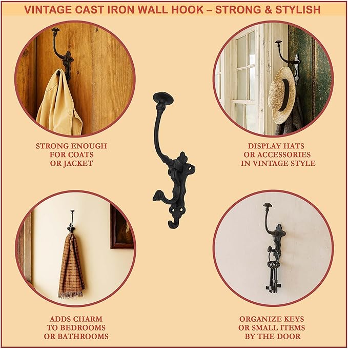 Mystic Colonial Rustic Cast Iron Wall Hooks – Heavy Duty Vintage Utility Hooks for Hanging Coats, Towels, Bags, Robes, Hats & More – Large Decorative Wall Mount Hanger, Pack of 2, Black