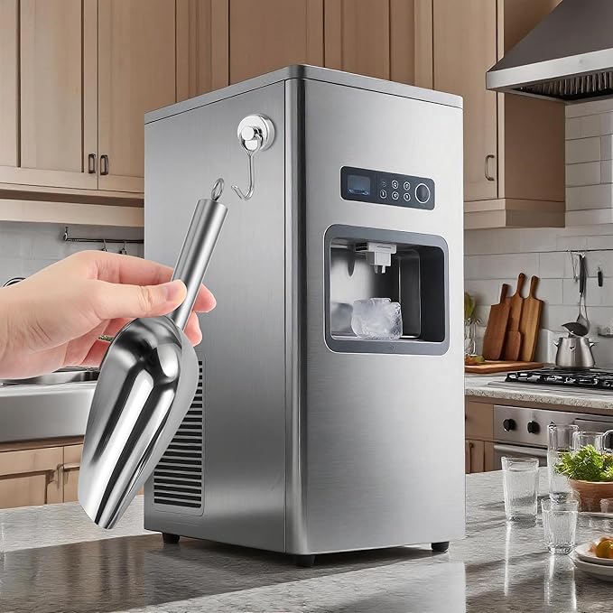 Ice Maker Scoop with Magnetic Hook Holder, Kitchen Ice Scoop for Refrigerator, Multipurpose for Pet Food, Flour, Grains, Candy (Polished stainless steel)