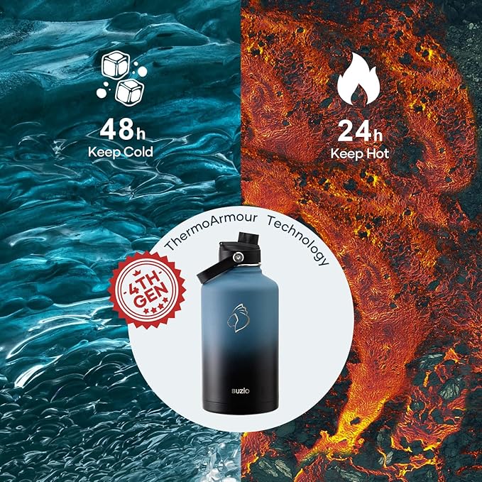 BUZIO Insulated Water Bottle with Straw Lid and Flex Cap, 64oz Double Wall Vacuum Stainless Steel Water Thermo Wide Mouth Lid, Cold for 48 Hrs Or Hot for 24 Hrs Sweat Proof Flask, Indigo Crush