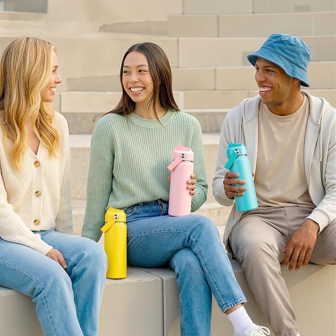 Fijinhom 24oz Insulated Stainless Steel Water Bottle, Wide Mouth Double Wall Vacuum, Silicone Straw, Sweat & Leak Proof, BPA Free Insulated Water Flask for Travel, Keep Cold 24h Hot 12h, Coral Pink