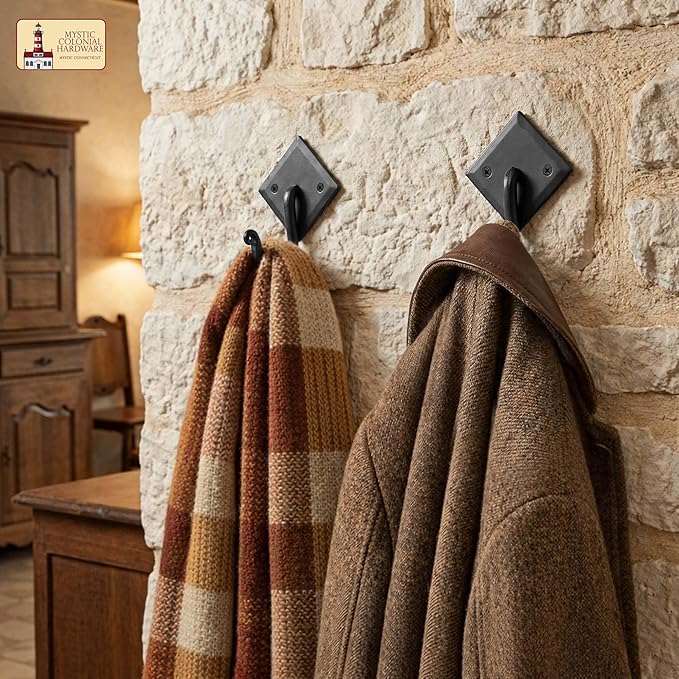 Mystic Colonial Rustic Cast Iron Wall Hooks, 3.6" Heavy Duty Coat Hooks for Coat, Bag, Towel, Hat & Robe, Mounting Hardware Included, Black, Pack of 10