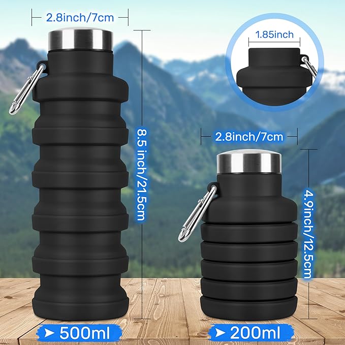Collapsible Water Bottle, 16oz Portable Reusable Silicone Water Bottle, BPA-Free Leak-Proof Foldable Design with Carabiner, Lightweight Durable for Gym, Travel, Camping, Hiking, Sports, Blue