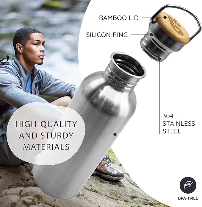 Bambaw Stainless Steel Water Bottles 32 oz, Non-insulated Single Wall Metal Water Bottle Stainless Steel, Reusable & Eco Friendly, Dishwasher Safe – Silver | Non-insulated, Single Wall, Metal Water Bottle, Reusable, Eco Friendly, Dishwasher Safe