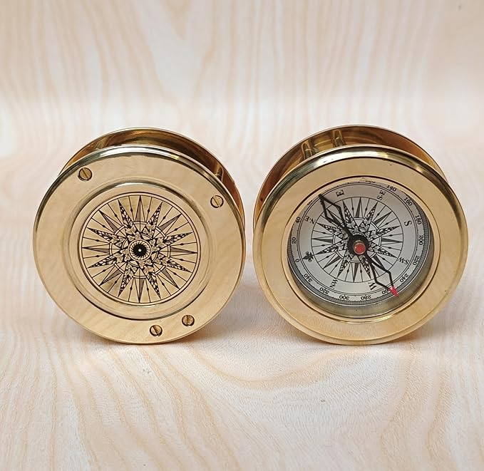 Vintage Brass Compass with Wooden Box – Antique Navigation Compass for Hiking, Camping, Gifts & Home Decor – Classic Map Reading Compass for Men