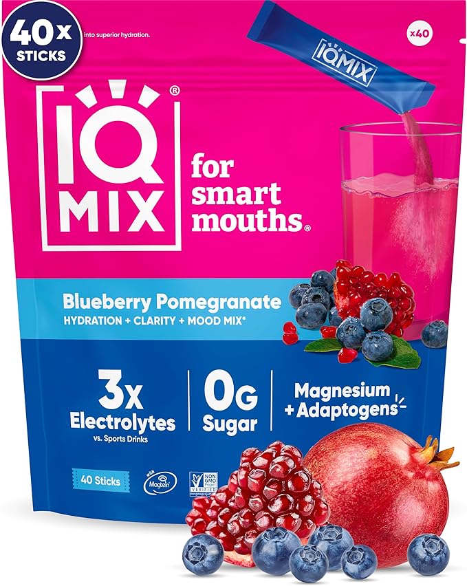 IQMIX Hydration Electrolyte Powder – 4-in-1 Formula for Hydration, Mental Clarity, Mood and Recovery – Sugar-Free Drink Mix, Keto, Magnesium L-Threonate, Lion’s Mane – 40 Count Blueberry Pomegranate