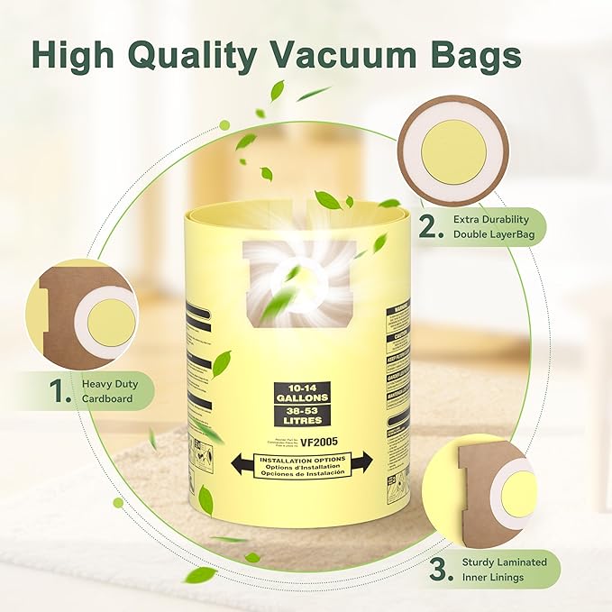 12 Pack 10-14 Gallon Vacuum Bags For Shop Vac Bags, Disposable Wet Dry Vaccum Collection Bags Replace Part Type I #90672 9067200, Type F #90662 9066200 9066233, VF2005 (Yellow)