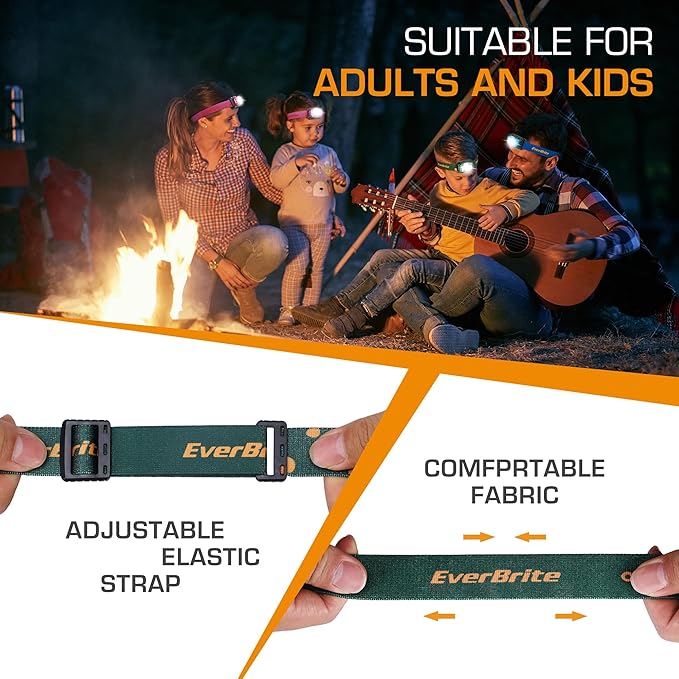 EverBrite Rechargeable Headlamp, 2 Pack Kids Headlamp with White/Red/Green Light and Memory Function, Head Lamp for Adult and Kid with 5 Modes, 120° Adjustable LED Headlamp for Camping, Running-Green