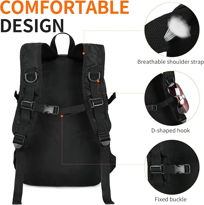 Small Hiking Backpack Travel Lightweight Hiking Packable Daypack Water-Resistant Foldable Backpacks 15L for Travel Women Men Camping (Black)