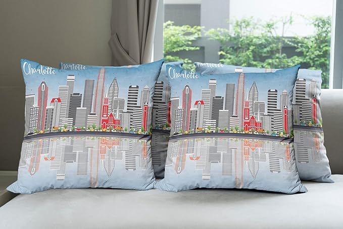 Ambesonne North Carolina Throw Pillow Cushion Case Pack of 4, Charlotte Skyline with Urban Skyscrapers Buildings City Landscape, Modern Accent Double-Sided Digital Printing, 18", Grey Coral
