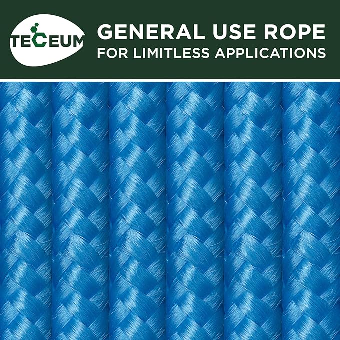 TECEUM Rope – 90 Feet x 1/4 Inch (7mm) – Sky Blue – Strong All-Purpose Utility Rope – Camping, Crafting, Flag Pole, Indoor & Outdoor – Polypropylene Nylon Poly Lightweight Diamond Braided Cord