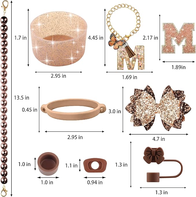 9PCS Brown for Stanley Cup Accessories Set Bling Initials Bow Charms for Stanley Decorations 30/40 Oz Tumbler Accessories Including Bow Straw Topper, Handle Strap, Spill Stopper（Letter M）