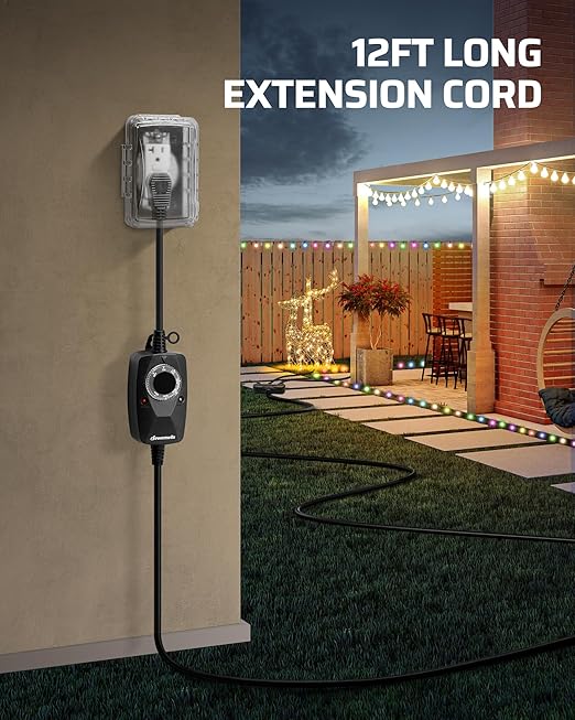 DEWENWILS Light Timer Outdoor Weatherproof with 12 FT Extension Cord, Photocell Timer Switch with 3 Grounded Outlets for Landscape Light, String Lights, UL Listed