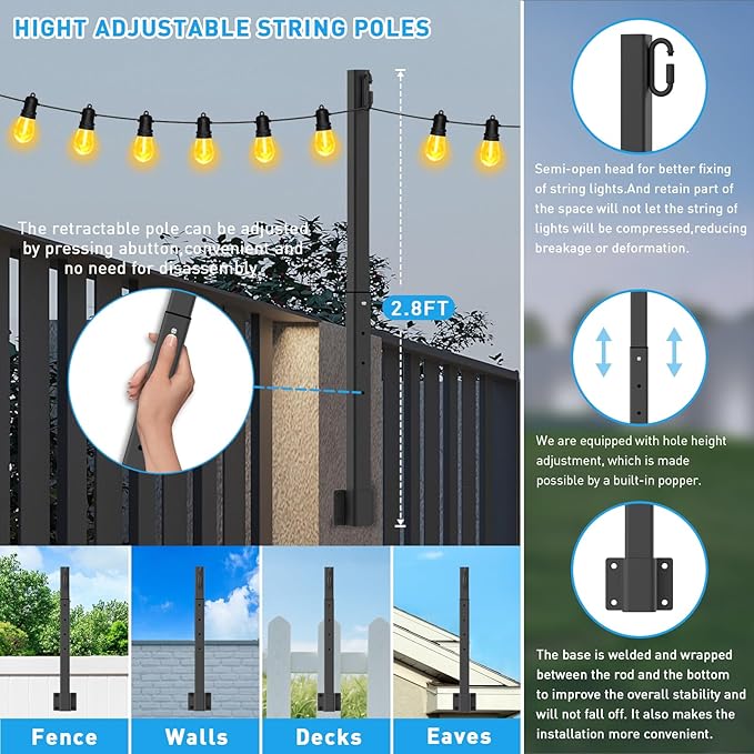 AHRLHR 4 Pack 2.8Ft String Light Poles 4 Pack,Light Poles for Outside Lights,Outdoor with Fence Brackets Hanging Lights,Metal Stand Deck Patio Backyard
